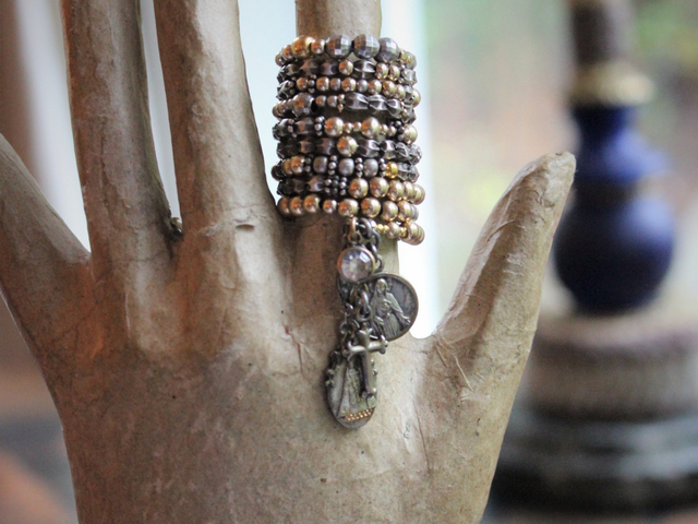 Wide 10 Coil Ring with 14K and Sterling Beads, Antique French Sacred Heart of Mary and Jesus Medals, Antique Sterling Cross & More!