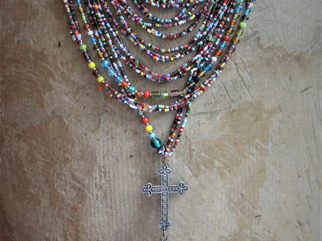 The Best Colors Necklace with Handstrung Multi Strand Seed Bead Chain,Perseverance Cross,Seed Bead Tassel,Antique Fleur de Lis Button