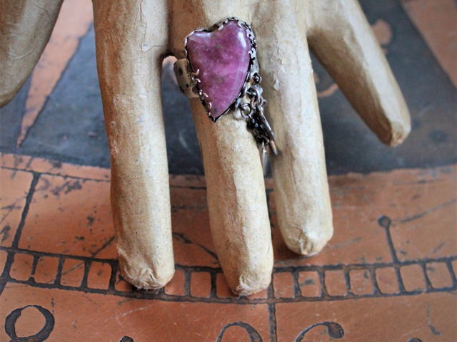 Artisan Sterling Natural Ruby Sacred Heart Ring with Miniature Antique French Medals & Celtic Cross - Size 10
