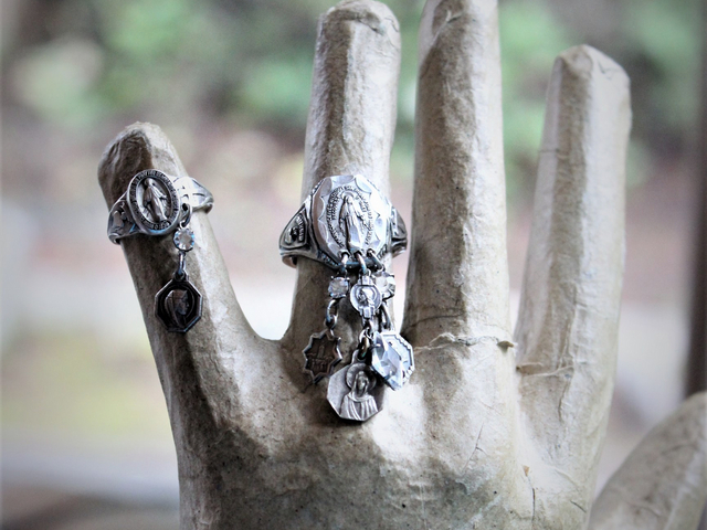 Antique Sterling Marian Ring Set with Miniature Antique French Medals & Antique Art Deco Faceted Rock Crystal Drops