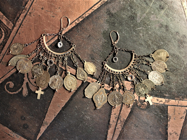 Antique French Medals Dangle Earrings with 18 Medals, Faceted Crystal Drops, Vintage Chains and Gold Fill Leverback Earring Wires