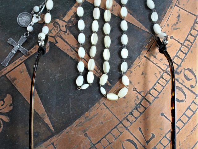 Antique French Mother of Pearl Rosary Bead Eyeglass Chain with Marian Cross & Mater Dolorosa Medal