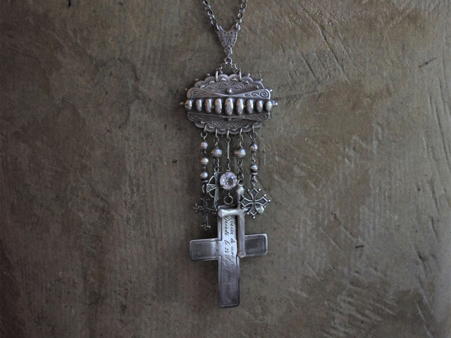 Antique Sterling Engraved Cross Necklace with Antique Sterling English Brooch Finding,Antique Sterling Crosses,Sterling Chain,Antique Faceted Crystal Connector