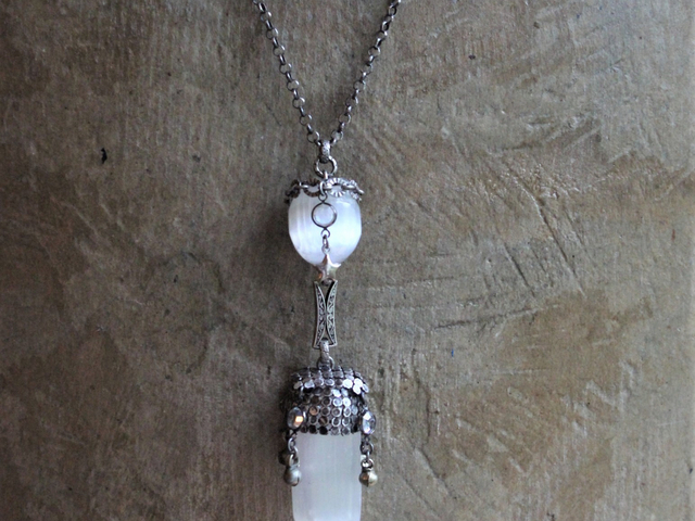 Be Like the Moon Necklace with Antique Sterling Mesh Capped Selenite Point & Orb, Vintage Bezel Set Crystals,Sterling Puffy Star, Silver Orb Drops, Sterling Rolo Belcher Chain