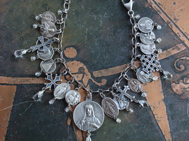 Antique French Medal Bracelet with Sterling Sacred Heart of Jesus Medal,Rare Tiny Sterling Penin Medal,Antique Sterling Crosses,Faceted Crystal Drops