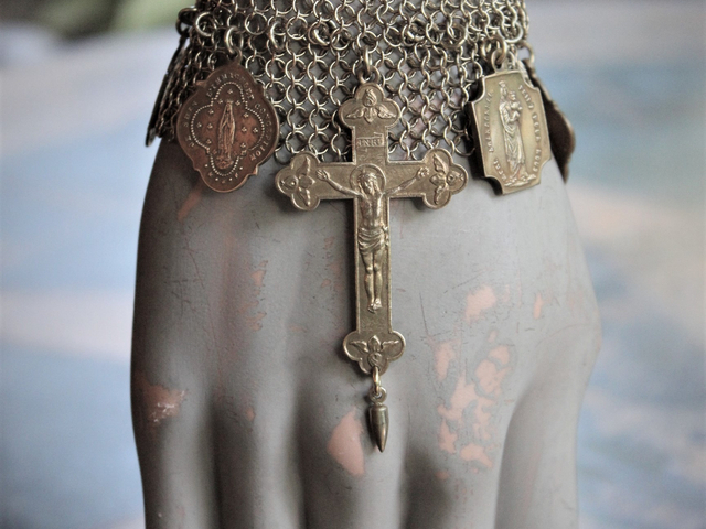 I will be Faithful Bracelet with Unique Mesh Chain, Rare Antique Gilt Cross, Antique French Medals, Antique Rolled Gold Engraved Toggle