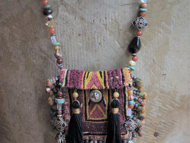 Where have I Loved you Before Necklace with Antique Gypsy Textile & Tassel Pouch,Antique Button,Multiple Gemstones,Antique Enamel Beads and Leather Ties