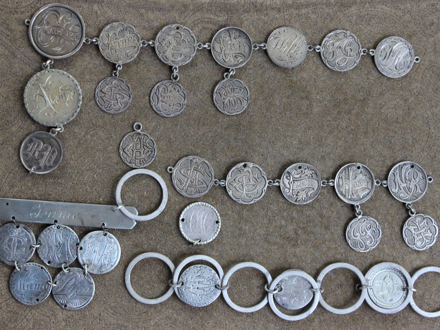 Amazing Antique Love Token Collection with 29 Engraved Tokens, One Engraved Connector and Sterling Links