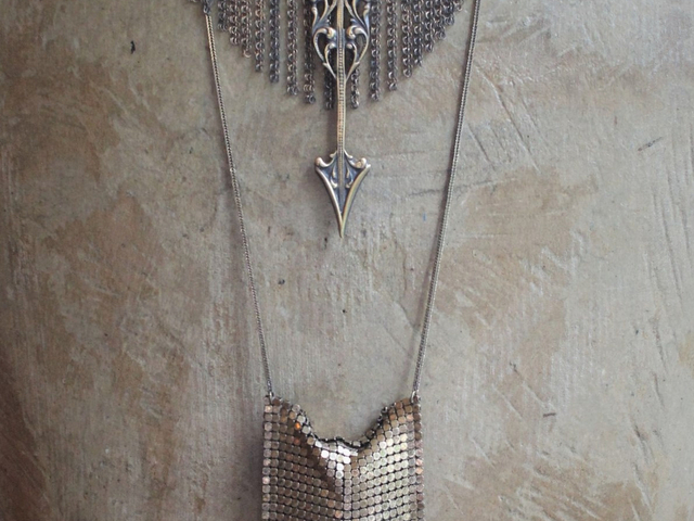NEW! Determined to Rise Necklace Set with Antique Mesh & Chain,Bronze Arrow, Mesh Pouch, Lalique EO/Perfume Vessel,Antique Faceted Rock Crystal Tear Drops