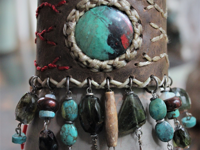 The Healing Cuff with Polished Chrysocolla Cabochon, Artisan Leather Cuff, Multiple Faceted Green Tourmaline Gemstones, Turquoise, Red Coral & More!