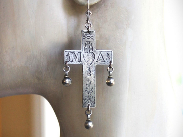 Merciful Mother Earrings with Engraved Silver French Crosses, Tiny Orb Drops and Sterling Leverback Earring Wires